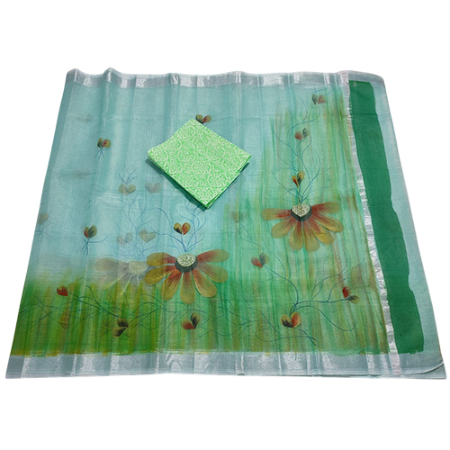 Ladies Kota Doria Saree With Hand Brush Paint Design