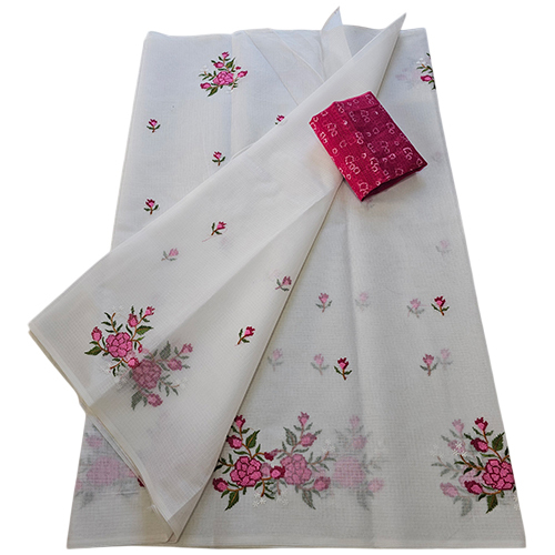 Ladies White Kota Doria Saree With Heavy Designer Embroidery