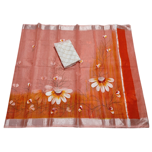 LadiesOrange Kota Doria Saree With Hand Brush Paint Design