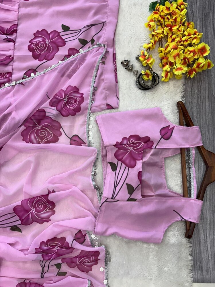 Ruffle Lehenga Saree - Unstitched Premium Georgette Blouse With Digital Print, Upto Xxl, 44 Inches Length, Elegant Floral Design, Comfortable Fit, Stylish Party Wear