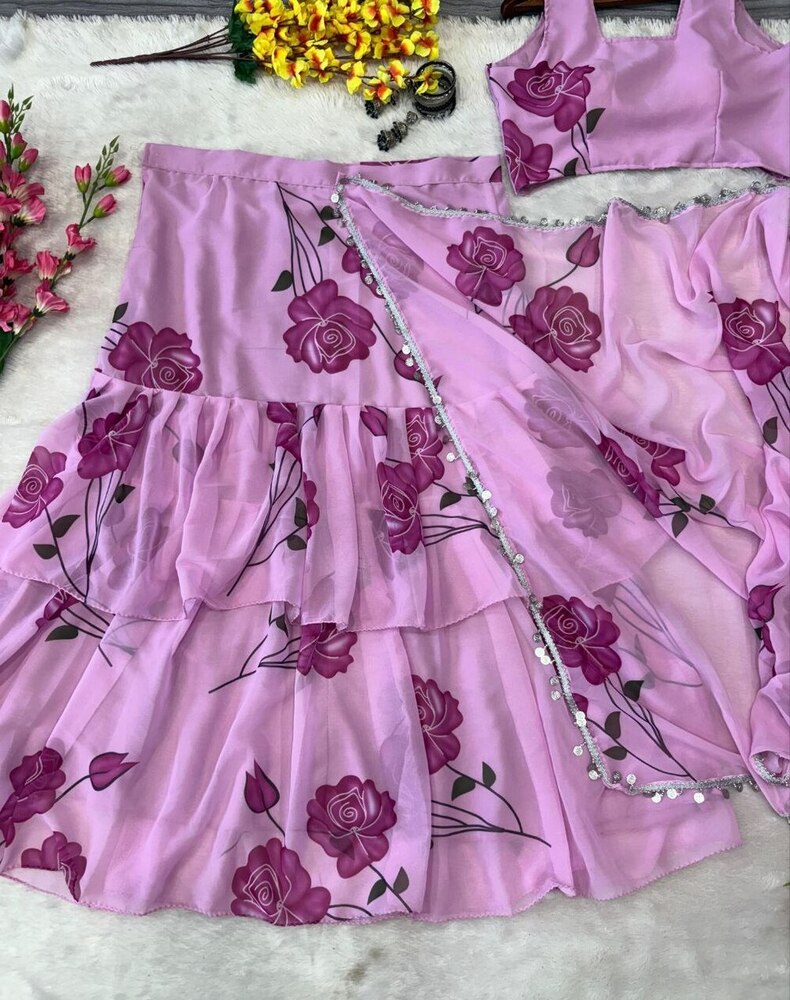 Ruffle Lehenga Saree - Unstitched Premium Georgette Blouse With Digital Print, Upto Xxl, 44 Inches Length, Elegant Floral Design, Comfortable Fit, Stylish Party Wear