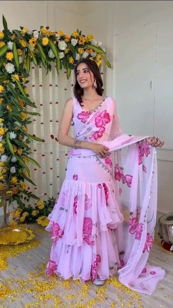 Ruffle Lehenga Saree - Unstitched Premium Georgette Blouse With Digital Print, Upto Xxl, 44 Inches Length, Elegant Floral Design, Comfortable Fit, Stylish Party Wear