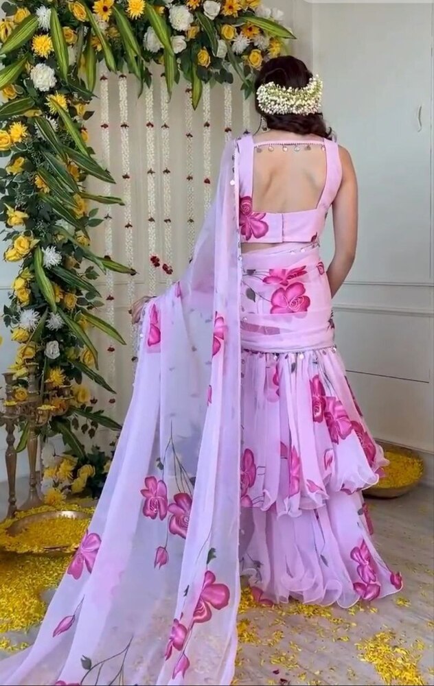 Ruffle Lehenga Saree - Unstitched Premium Georgette Blouse With Digital Print, Upto Xxl, 44 Inches Length, Elegant Floral Design, Comfortable Fit, Stylish Party Wear
