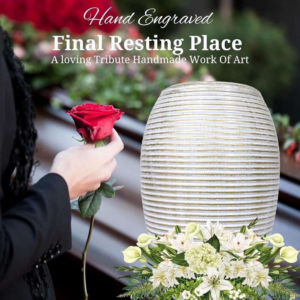 White Munareh Adult Memorial Cremation Urn for Ashes with Velvet Bag