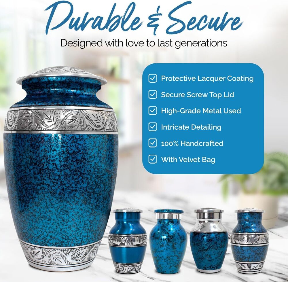 Adult Cremation Urn With 4 Matching Keepsake Urns Set Of 5 Funeral Urns Wholesale Supplies - Color: Blue