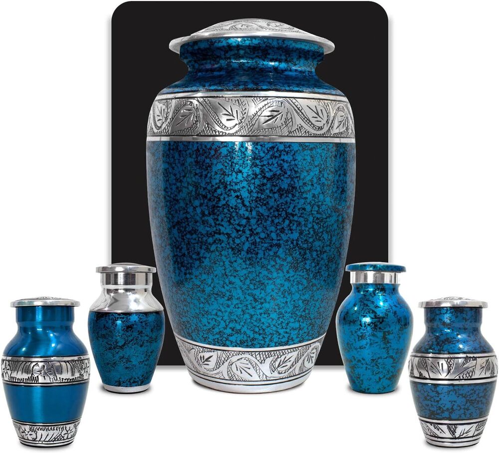 Adult Cremation Urn With 4 Matching Keepsake Urns Set Of 5 Funeral Urns Wholesale Supplies - Color: Blue