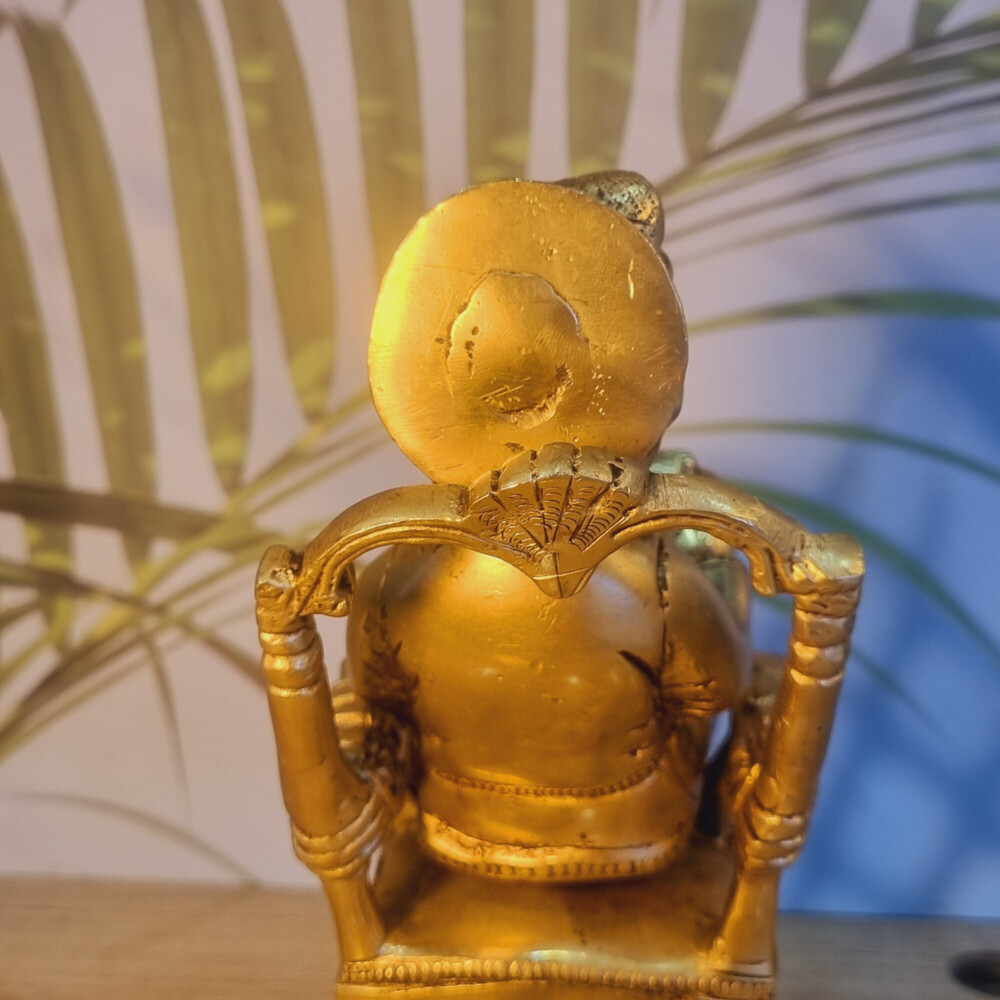 Handcrafted Brass Ganesha Idol | Sitting on Chair for Blessings & Prosperity | Elegant Brass Ganesha Murti ( Yellow, 7.5 inch)