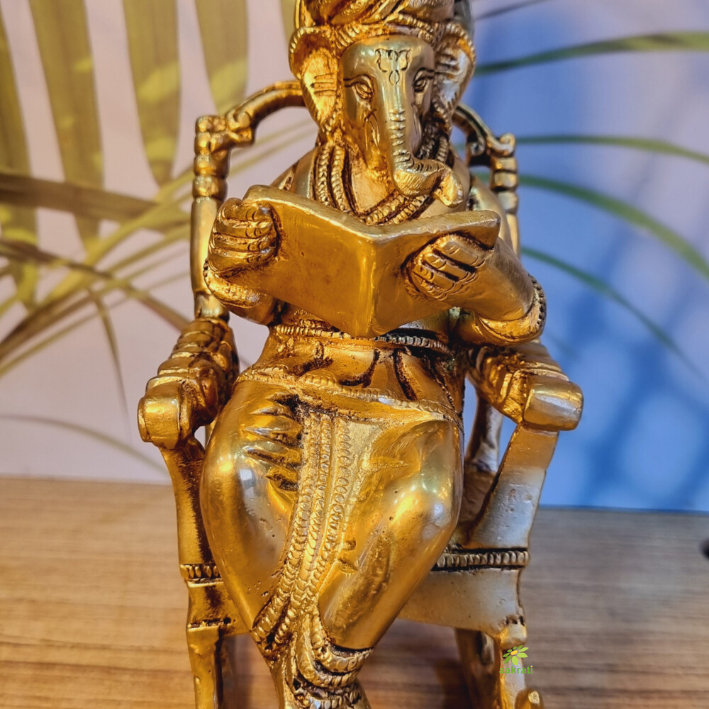 Handcrafted Brass Ganesha Idol | Sitting on Chair for Blessings & Prosperity | Elegant Brass Ganesha Murti ( Yellow, 7.5 inch)