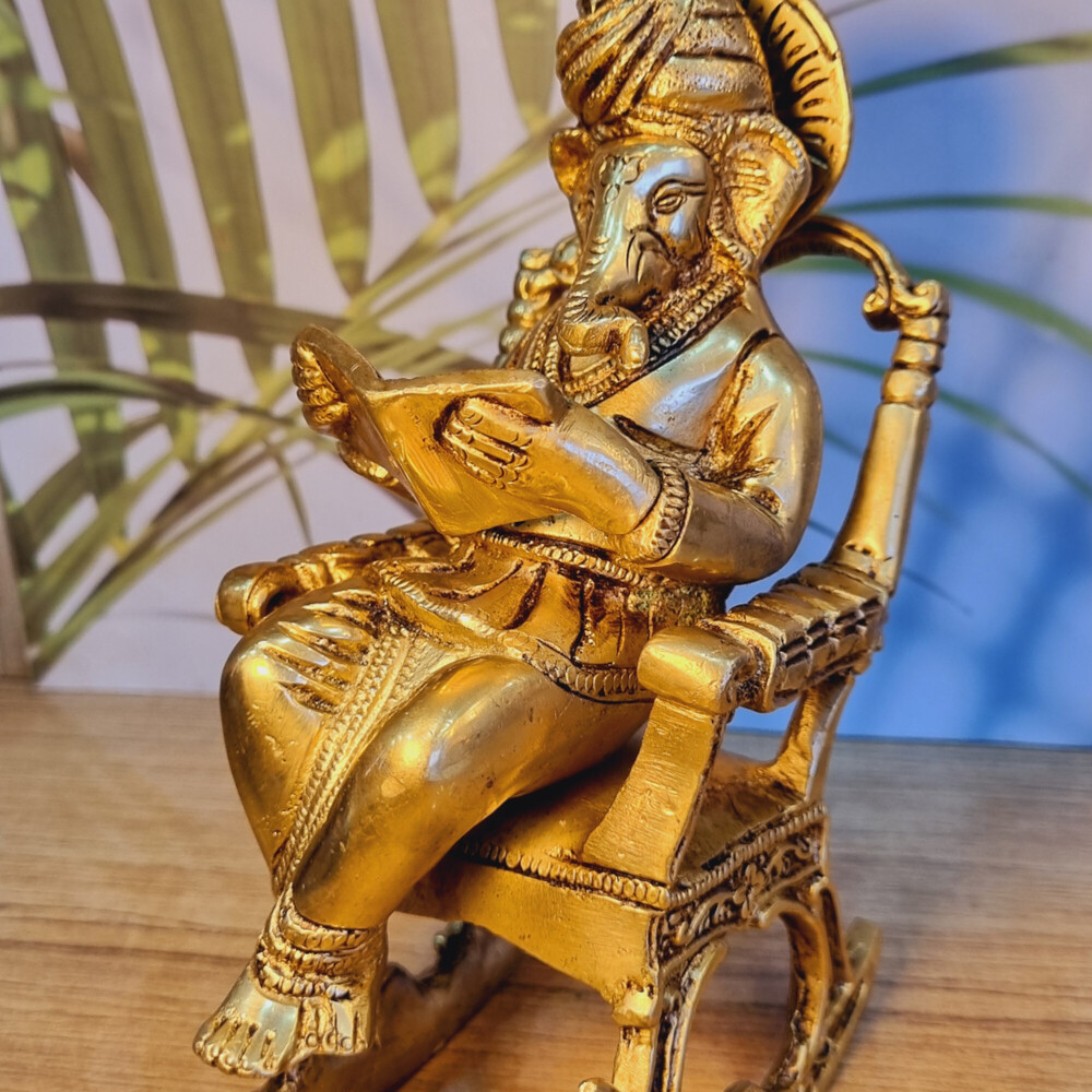 Handcrafted Brass Ganesha Idol | Sitting on Chair for Blessings & Prosperity | Elegant Brass Ganesha Murti ( Yellow, 7.5 inch)