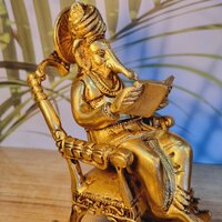 Handcrafted Brass Ganesha Idol | Sitting on Chair for Blessings & Prosperity | Elegant Brass Ganesha Murti ( Yellow, 7.5 inch)