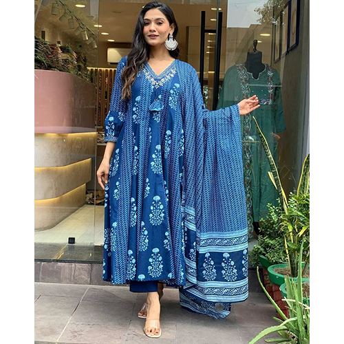 Blue Embroidery Premium Cotton A-Line Suit