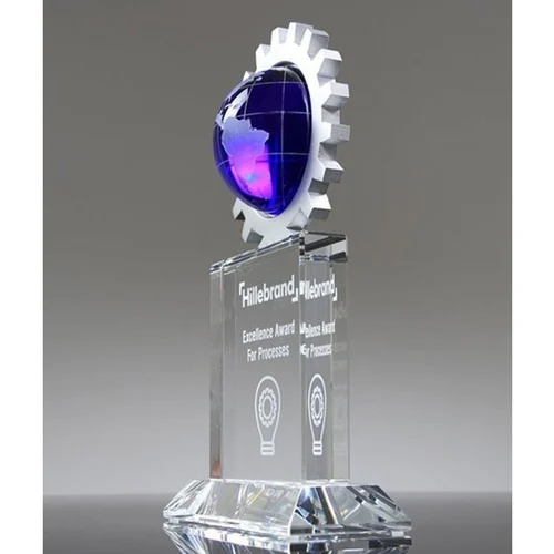 Blue Globe Gear Crystal Award Trophies - Color: Various Colors