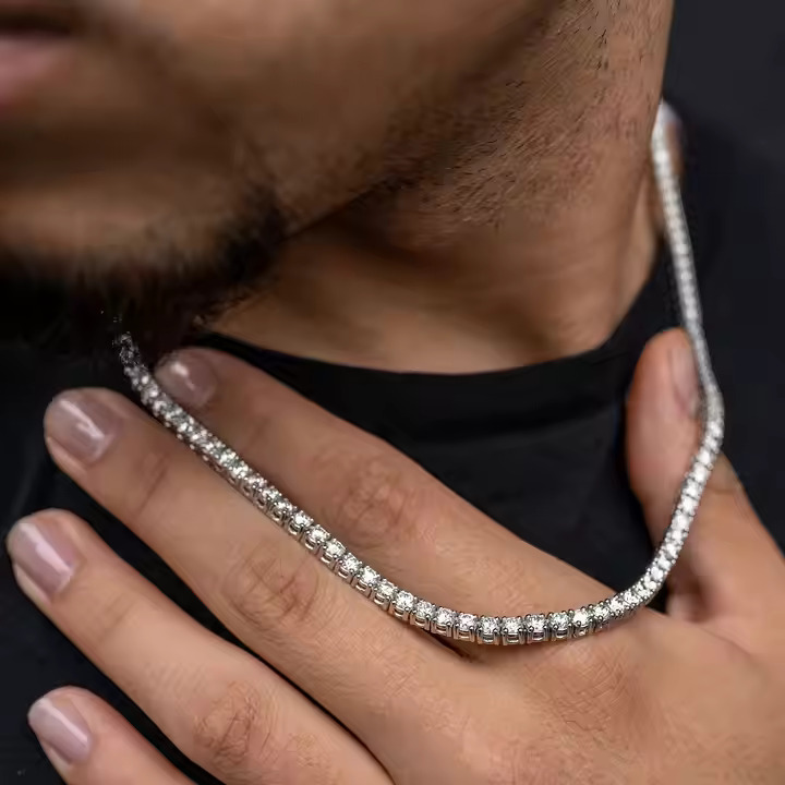 925 Sterling Silver Micro Clustered Tennis Chain Vvs 5 Pointer Labgrown Diamond Link Chain - Color: D-e
