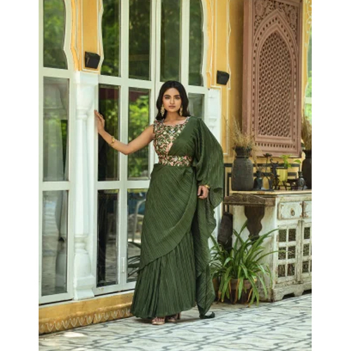 Green Crush Chinon Saree - High-Quality Silk, Hand Embroidery , Washable and Unique Printed Pattern for Designer Occasions
