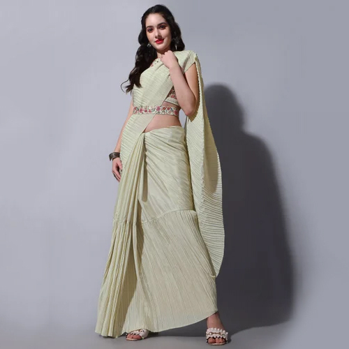 Cream Color Ladies Crush Chinon Saree with Blouse and Waist Belt