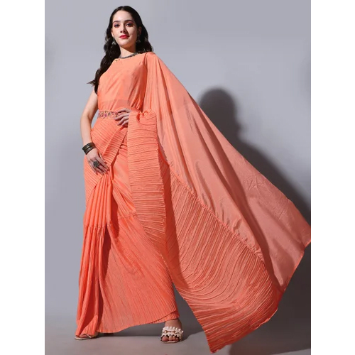 Orange Color Ladies Crush Chinon Saree With Blouse And Waist Belt - Color: Different Available