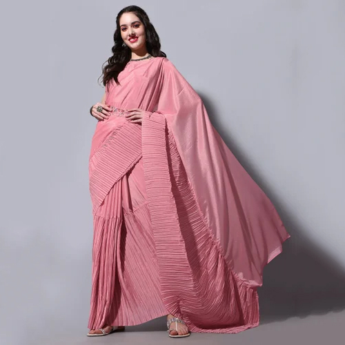 Peach Color Ladies Crush Chinon Saree With Blouse And Waist Belt - Color: Different Available