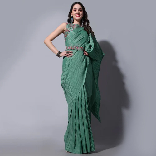 Rama Color Women Crush Chinon Saree with Blouse and Waist Belt