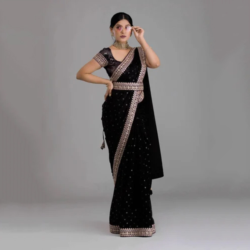 Black Chinon Saree with Heavy Zari Embroidery