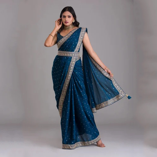 Petrol Chinon Saree with Heavy Zari Embroidery