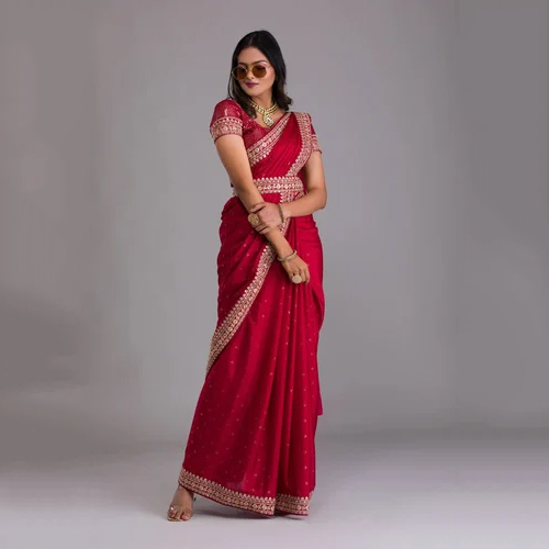 Red Chinon Saree with Heavy Zari Embroidery - Hand-Embroidered, Washable, Modern Design, Available in Various Colors, Printed Pattern