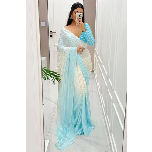 Light Blue Chinon Silk Mukaish Work Saree