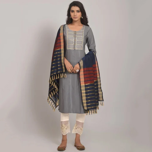 Grey Women Sequence Embroidered Kurta With Lycra Pant And Jacquard Dupata Set