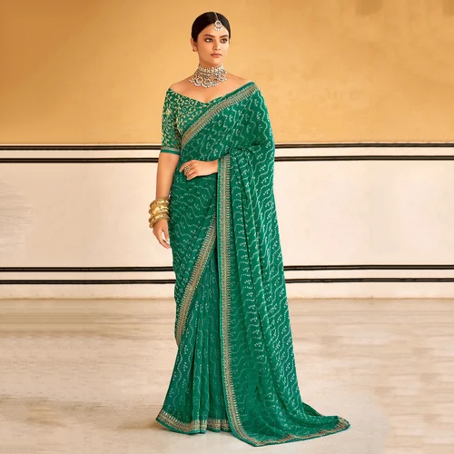 Green Georgette Bandhani Saree - Color: Different Available