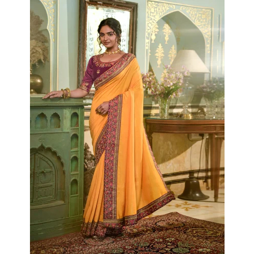 Mustard Vichitra Silk Sarees