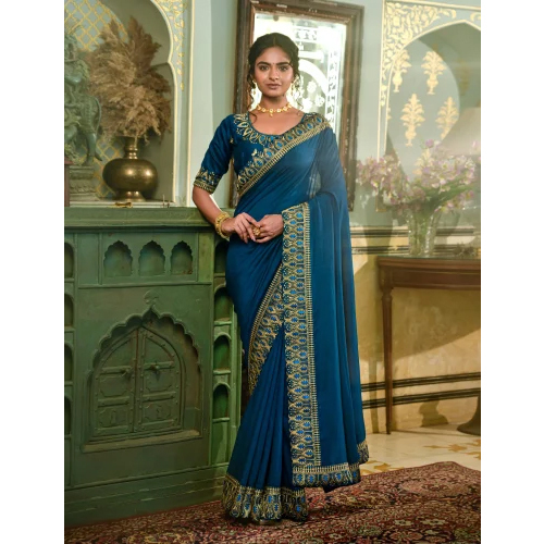 Dark Blue Vichitra Silk Saree - Color: Different Available