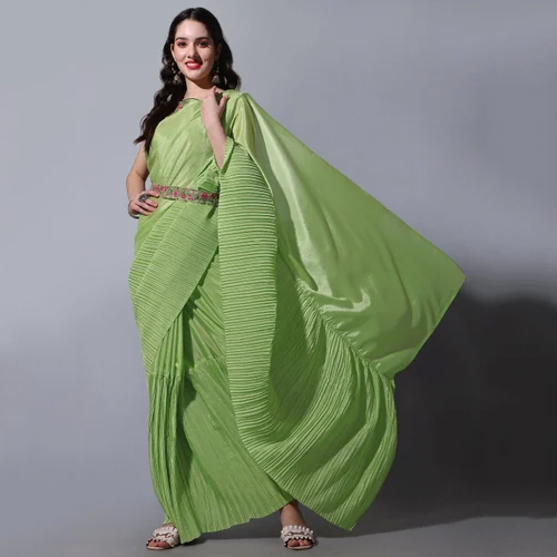 Pista Color Women Crush Chinon Saree With Blouse And Waist Belt - Color: Different Available