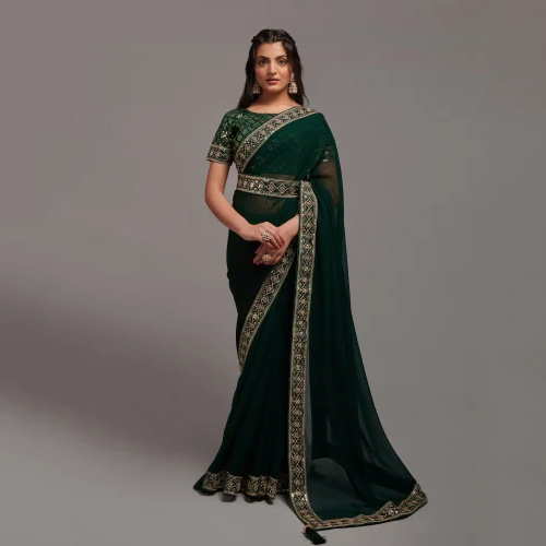 Green Zari Work Chinon Designer Saree