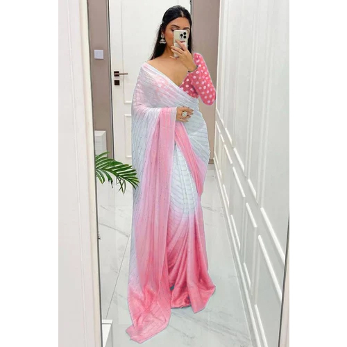 Light Pink Chinon Silk Mukaish Work Saree