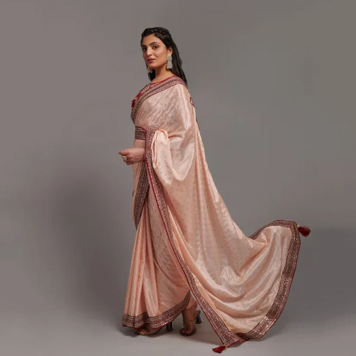 Peach Zari Work Chinon Designer Saree - Color: Different Available