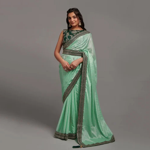 Pista Zari Work Chinon Designer Saree