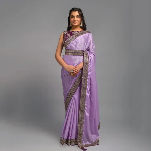 Onion Zari Work Chinon Designer Saree - Color: Different Available