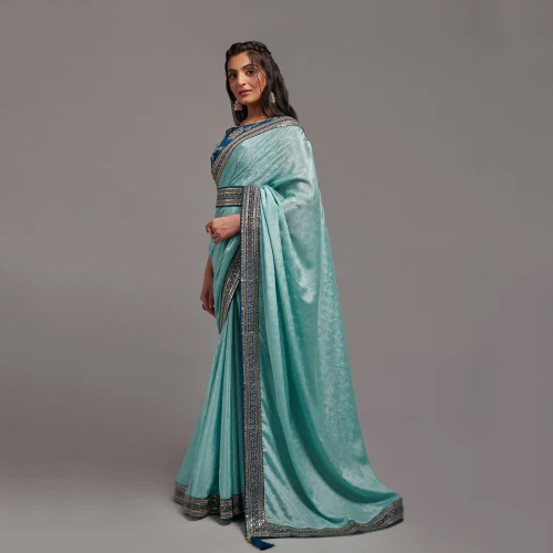 Sky Blue Zari Work Chinon Designer Saree - Color: Different Available