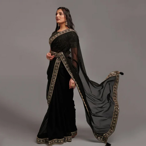 Black Zari Work Chinon Designer Saree - Color: Different Available