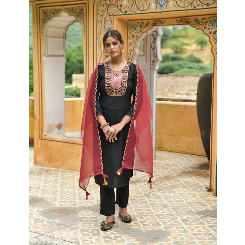 Black Sequence Embroidered Viscose Rayon Blend Kurta Set - Color: Different Available