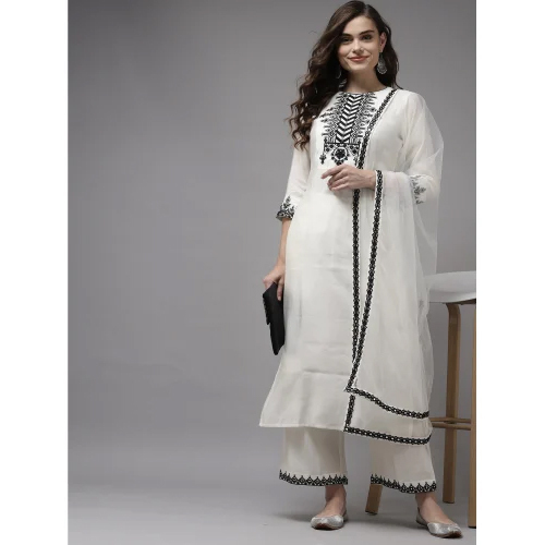 Off White Women Embroidered Viscose Rayon Blend Kurta Set - Color: Different Available