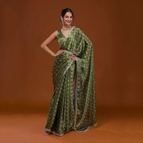 Mehendi Bandhani Satin Saree - Color: Different Available