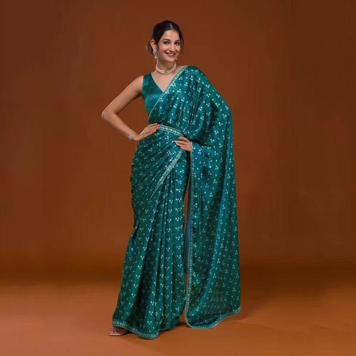 Rama Green Bandhani Satin Saree - Color: Different Available