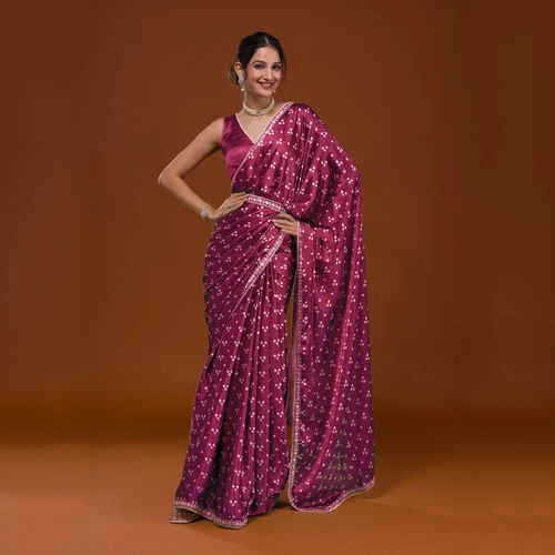 Rani Color Bandhani Satin Saree - Color: Different Available