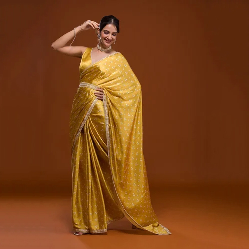 Yellow Bandhani Satin Saree - Color: Different Available