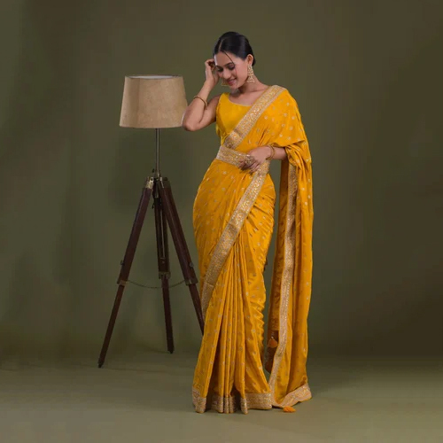 Mustard Sequins Semi Crepe Saree - Color: Different Available