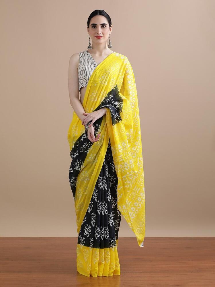 Printed Cotton Mulmul Saree - Color: Yellow