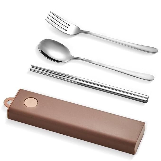 Cherrybox Cutlery Set Spoon Fork & Chopstick Set With Box - Stainless Steel, Standard Size, Multi Color | 12 Sets Flatware & Travel Kit