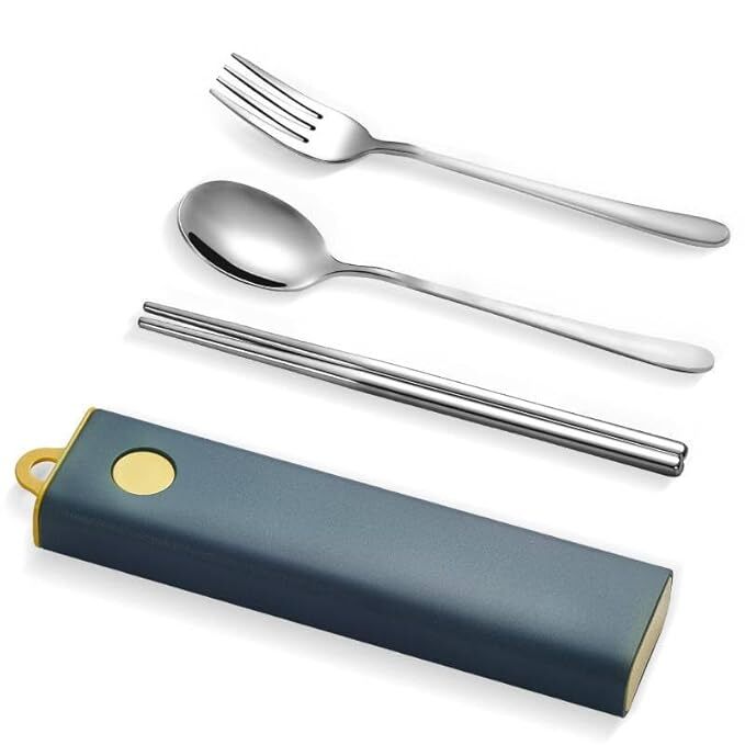 Cherrybox Cutlery Set Spoon Fork & Chopstick Set With Box - Stainless Steel, Standard Size, Multi Color | 12 Sets Flatware & Travel Kit