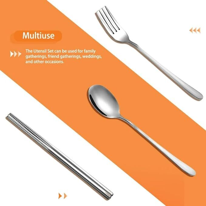 Cherrybox Cutlery Set Spoon Fork & Chopstick Set With Box - Stainless Steel, Standard Size, Multi Color | 12 Sets Flatware & Travel Kit