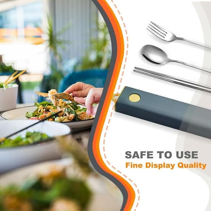 Cherrybox Cutlery Set Spoon Fork & Chopstick Set With Box - Stainless Steel, Standard Size, Multi Color | 12 Sets Flatware & Travel Kit